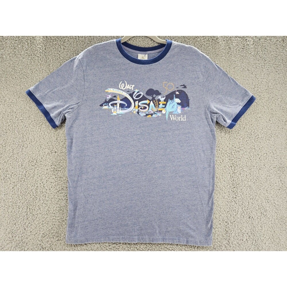 Walt Disney World Shirt Mens Large 50th Anniversary Park Icons Grey Blue Ringer